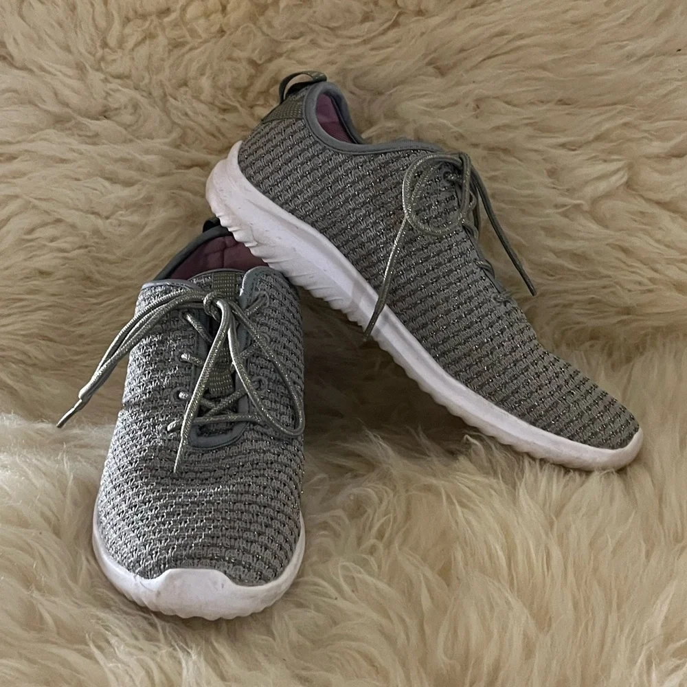 Gray/ Gold Sparkle Fly Knit Sneakers Tennis Shoes